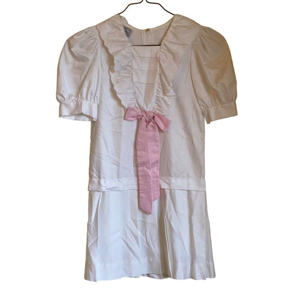 Vintage Lemaj Le Maj Dress Girls Size 8 Short Sleeve Withe Pink Bow USA